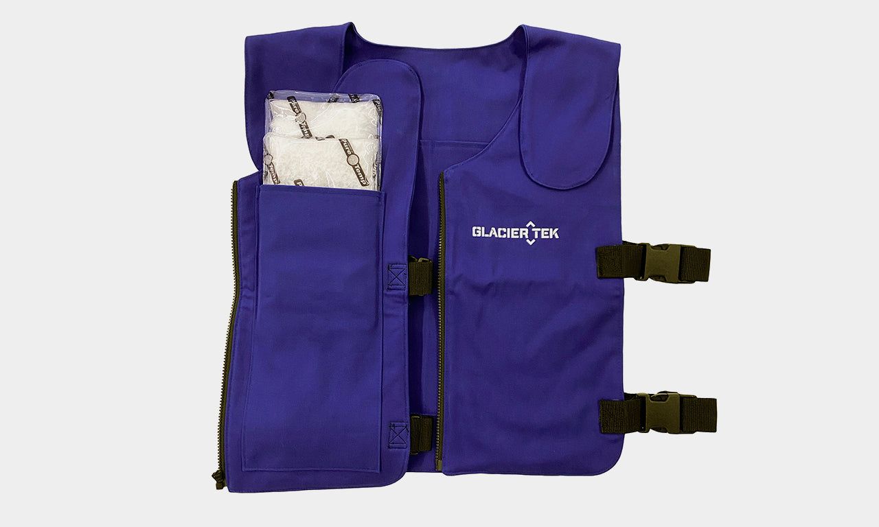Banox® FR3 Vest in Blue with flap open to show how GlacierPaks fit in the inside pocket