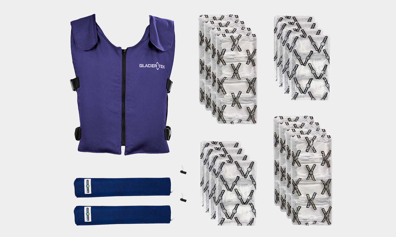 Banox® FR3 Vest Set Bundle in blue that includes Vest, GlacierPack Set, Spare Pack Set and two Mesh Bags