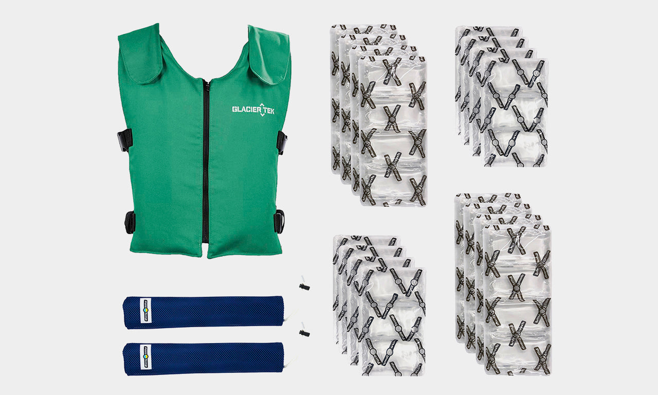 Banox® FR3 Vest Set Bundle in green that includes Vest, GlacierPack Set, Spare Pack Set and two Mesh Bags
